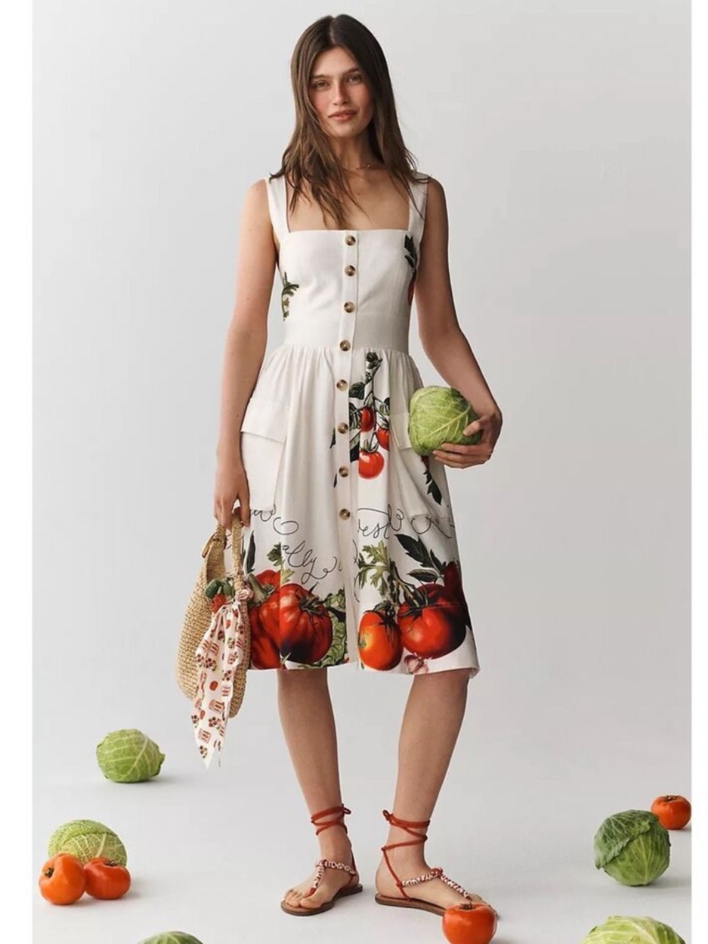 Anthropologie Cream Button-Front Midi Dress with Red Tomato Print